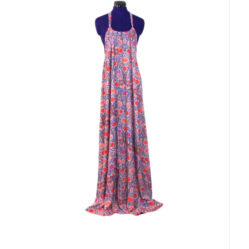 Lulus White, Blue, Orange Patterned Maxi Dress (L)